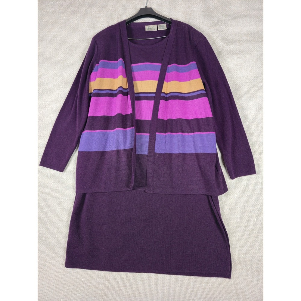 VTG Kathie Lee Collection Purple Stripe Sweater Cardigan Skirt Set Womens XL
